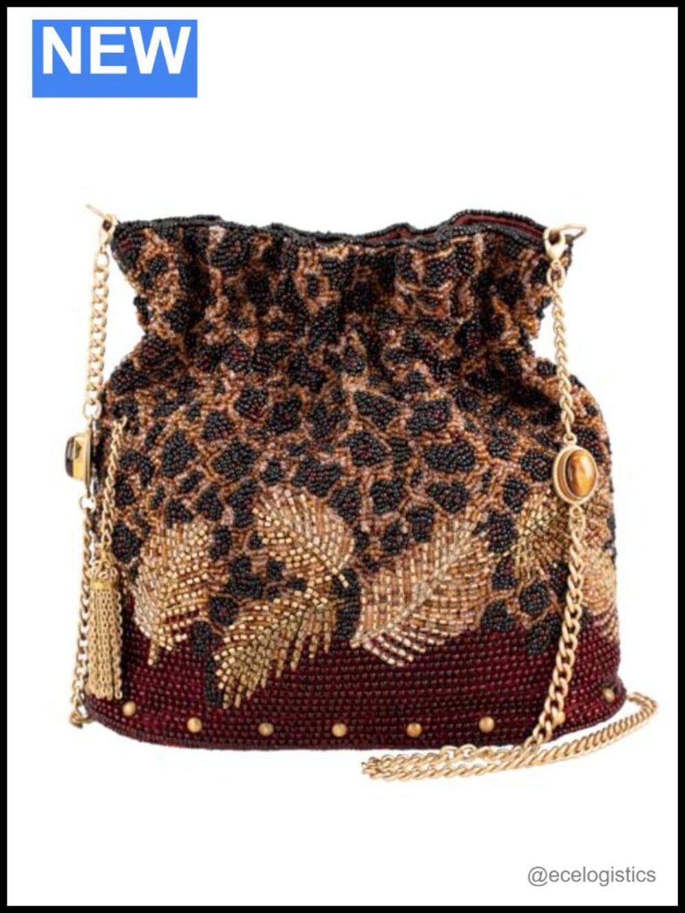Hand-Beaded Leopard Print Convertible Crossbody Clutch with Gold Chain Strap